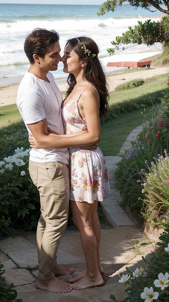 Cuckold chubby white hotwife, brown hair, with blue jeans and black t-shirt, golden necklace, tall man, romantic,man hugging her forma behind,hotel fountains, illustrations, ultra-detailed, realistic, vivid colors, full body picture, warm tones, soft lighting