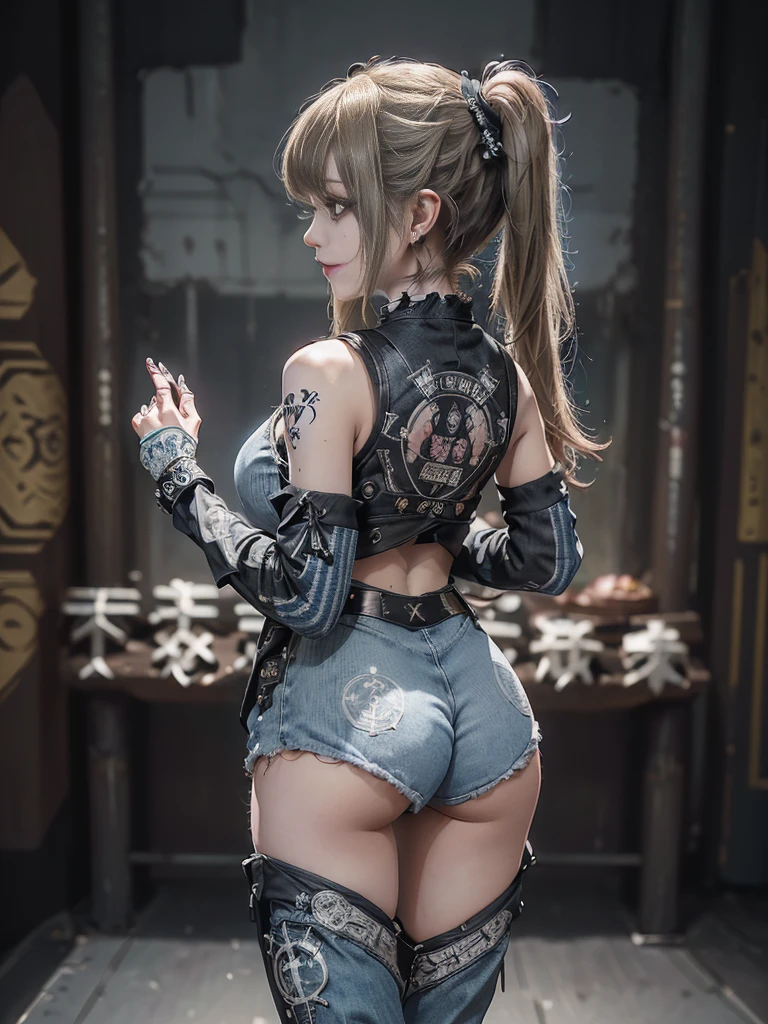 (Full Body View:1.3)、(Back view:1.4)、(Smiling with teeth showing:1.3),(Shibuya Gal:1.5)、(Gothic Lolita style fashion:1.5)、(Punk RockVisual Kei:1.5)、(Wearing a rhythmic gymnastics bodysuit with intricate details:1.4)、(Racing suit and pants with intricate decorations in white, denim and charcoal:1.5)、(Denim and light blue and white boots:1.3)、((belt))、(Numerous delicate logo marks all over the costume:1.4)、(collar:1.3)、(Striped underwear:1.5)、20-year-old、NSFW、((Highest quality、In 8K、masterpiece:1.3))、Sharp focus:1.2、(Layered Cut、Huge boobs:1.1),Beautiful woman with perfect figure:1.4、(Dancing vigorously:1.3)、Slender Abs:1.2、Highly detailed face and skin texture、Detailed eyes、double eyelid,(Twin tails:1.3)、(Brown-golden hair:1.3)、Gravure idol、(The background is a dance carnival:1.3)、(Slim Body:1.3),(Make your legs thinner:1.4),（clavicle:1.1）、(Thin and slim thighs:1.3)