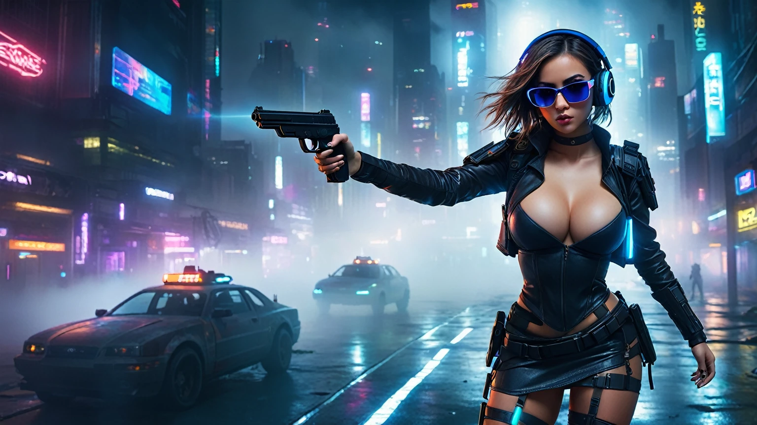 dark futuristic landscape, at night, neon lights, Atmospheric fog, large buildings in the background, futuristic city, streets with open shops, skyscraper (postapocalyptic city:1.3). (((1girl, solo, alone))), large-breast:1.2 slim body, cleavage:1.1, sexy miniskirt, (((headphone, black sunglasses, standing and holding pistol pose))), (((half-body thigh level medium shot))), cinematic lighting, lens flare, ray tracing.