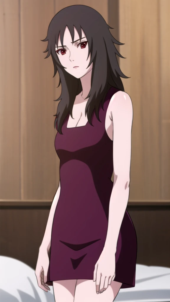 kurenai, kurenai, long hair, black hair, (red eyes:1.5), makeup, lipstick,
BREAK dress, cleavage, red dress, sleeveless,
BREAK looking at viewer, full body, (cowboy shot:1.5),
BREAK indoors, bed,
BREAK (masterpiece:1.2), best quality, high resolution, unity 8k wallpaper, (illustration:0.8), (beautiful detailed eyes:1.6), extremely detailed face, perfect lighting, extremely detailed CG, (perfect hands, perfect anatomy),