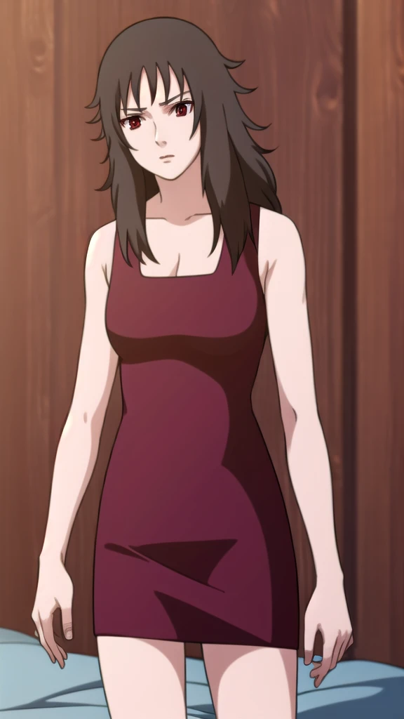 kurenai, kurenai, long hair, black hair, (red eyes:1.5), makeup, lipstick,
BREAK dress, cleavage, red dress, sleeveless,
BREAK looking at viewer, full body, (cowboy shot:1.5),
BREAK indoors, bed,
BREAK (masterpiece:1.2), best quality, high resolution, unity 8k wallpaper, (illustration:0.8), (beautiful detailed eyes:1.6), extremely detailed face, perfect lighting, extremely detailed CG, (perfect hands, perfect anatomy),