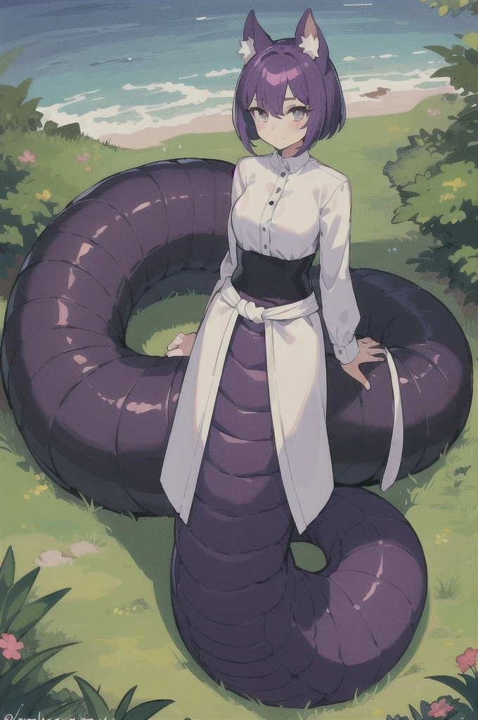 pretty girl、One girl, Lamia, scale, White shirt, whole body, Outdoor,(Very short tail)、(Perfect tail)、Purple tail、Skirt at the waist