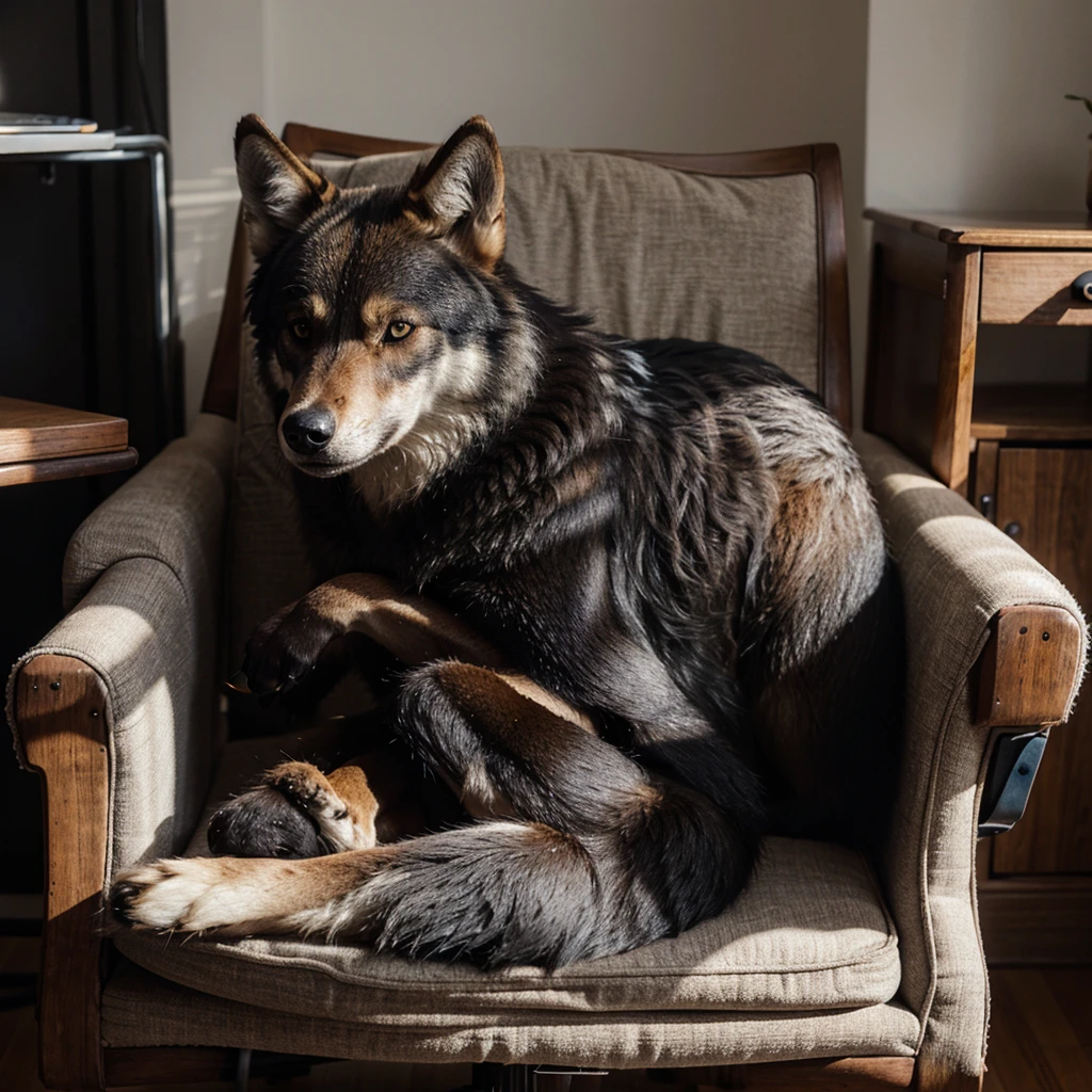 A wolf sitting on a chair