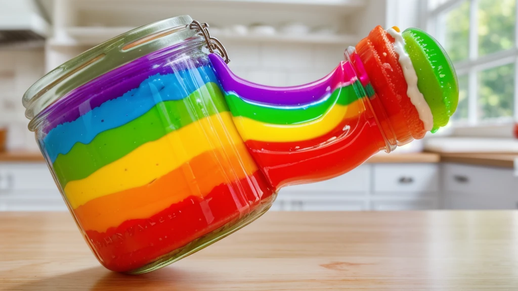 jar with rainbow cream inside, ROUND Chupa Chups dipped in rainbow cream, rainbow cream stretches from a jar,  RAINBOW CREAM DRIPS. ROUND CHUPACHOPS DIPED IN RAINBOW CREAM. against the background of the kitchen .beautiful lighting, Beautiful sunlight, Realistic style , realistic texture, detailed texture, a high resolution, high quality, ultra hd 4k 