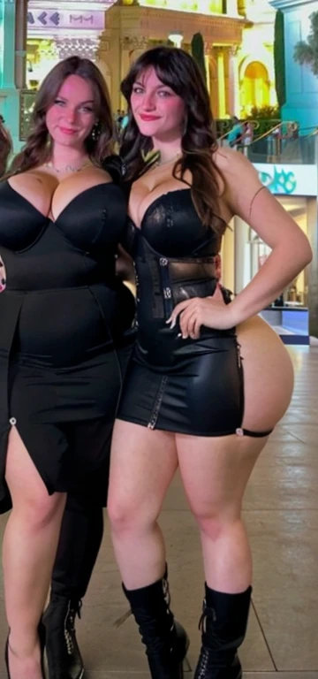 two women posing for a picture in a mall, Big tits, huge , no clothes, sexy, cute, wide hips, thick thighs, pear-shaped body, minimal clothes, thick, thick nipples, nipple piercings, large areola, hard nipples, piercing through shirt, nipples hard through shirt, busty, major cleavage, naked, ripping through top, spilling over sides, bra too tight, giant , dominatrix, dominatrix clothes, revealing clothes, ass so fat you can see it from the front, giant tits, huge ass from side, multiple girls, wide girls, 2 girls with huge tits naked, naked two girls