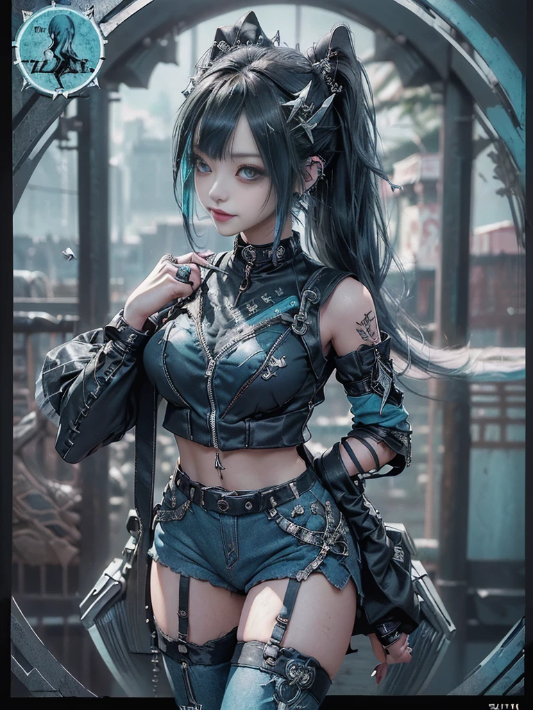 (Full body view:1.4)、(Full Body View:1.4)、(Side view:1.1)、(Smiling with teeth showing:1.3),(Shibuya Gal:1.5)、(Maid café clerk:1.5)、(Punk RockVisual Kei:1.4)、(Turquoise, navy and denim medieval noble zip up:1.5)、(Navy and white arm covers and bugle pants:1.5)、(Blue high heels:1.3)、(Wearing silver accessories:1.5)、(Dark brown collar:1.4)、(Leather garter belt:1.4)、(Brown Skin Belt:1.3)、(Black lace underwear:1.5)、20-year-old、NSFW、((Highest quality、In 8K、masterpiece:1.3))、Sharp focus:1.2、(Layered Cut、Huge boobs:1.1),Beautiful woman with perfect figure:1.4、(Doing an aerobics pose:1.3)、Slender Abs:1.2、Highly detailed face and skin texture、Detailed eyes、double eyelid,(Twin tails:1.3)、(Black Hair:1.3)、Gravure idol、(A fairytale-like cafe with a lush tree background:1.3)、(Slim Body:1.3),(Make your legs thinner:1.4),(Thin, thin thighs:1.3)、(clavicle:1.1)