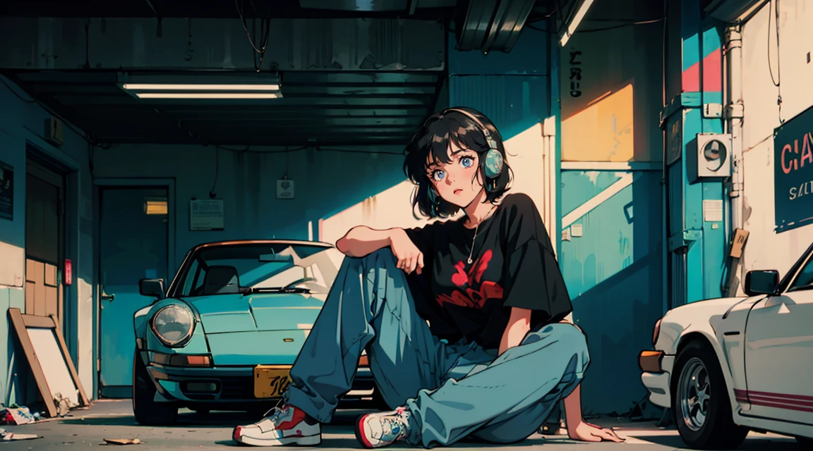 Anime-style girl with short, wavy hair and large expressive eyes, wearing casual clothes and red headphones. She is sitting in front of a vintage blue Porsche 911 in a cluttered garage. The garage has neon lights, colorful posters, and various tools scattered around. The black cat sits beside her, adding to the nostalgic 80s city pop vibe.