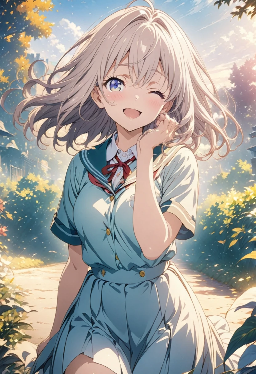 masterpiece, Highest quality, Highly detailed CG Unity 8K wallpapers, High  Girl Anime Illustration. Wearing a uniform、she has her eyes closed and mouth open, smile. The background is a light pastel colored landscape