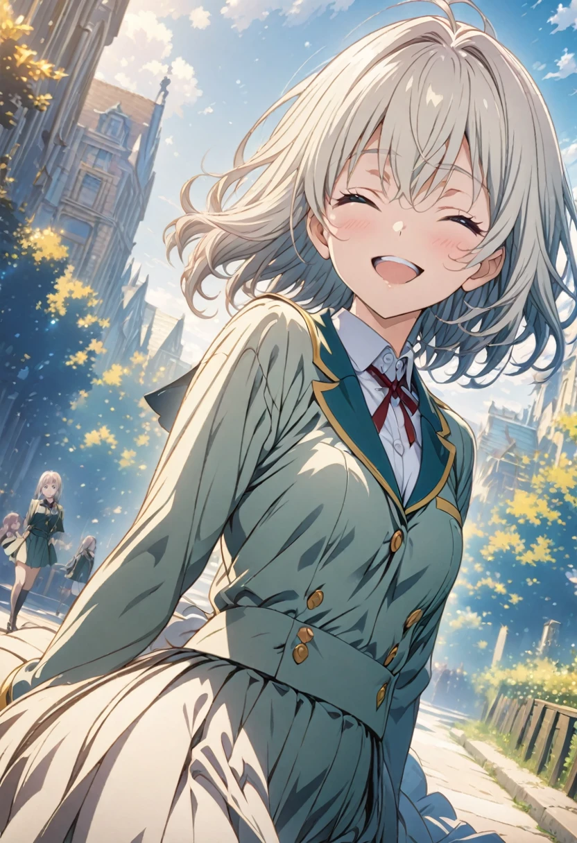 masterpiece, Highest quality, Highly detailed CG Unity 8K wallpapers, High  Girl Anime Illustration. Wearing a uniform、she has her eyes closed and mouth open, smile. The background is a light pastel colored landscape