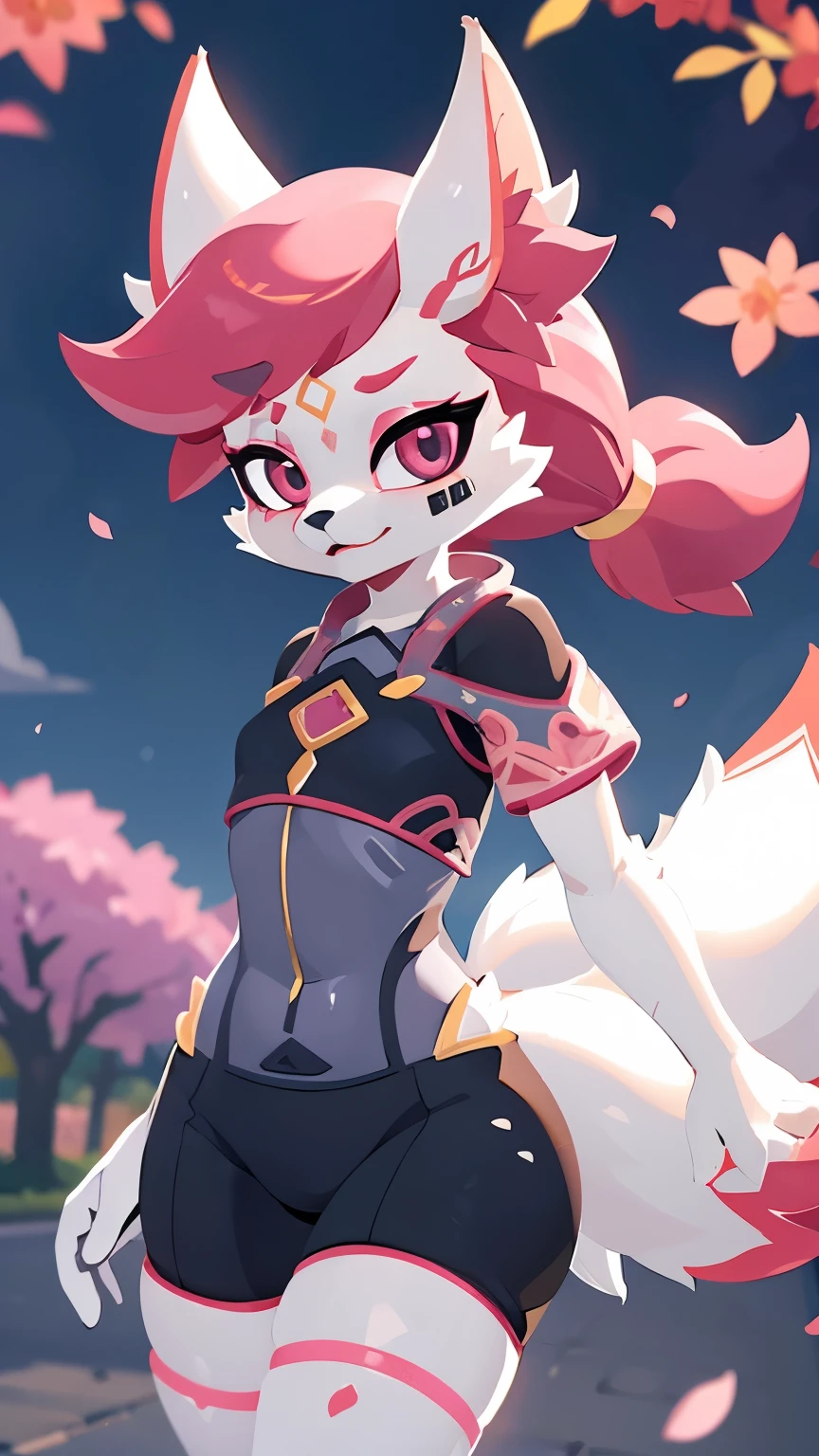 score_9,score_8_up,score_7_up, source_cartoon, source_furry, kimiko, furry female anthro, fox girl, white body fur, Pink hair, multiple tails, solo, body fur, (best quality), cinematic lighting, short ponytail, masterpiece, perfect hair, background of falling sakura petals, cherry blossoms, Kimiko clothes, uperbody,