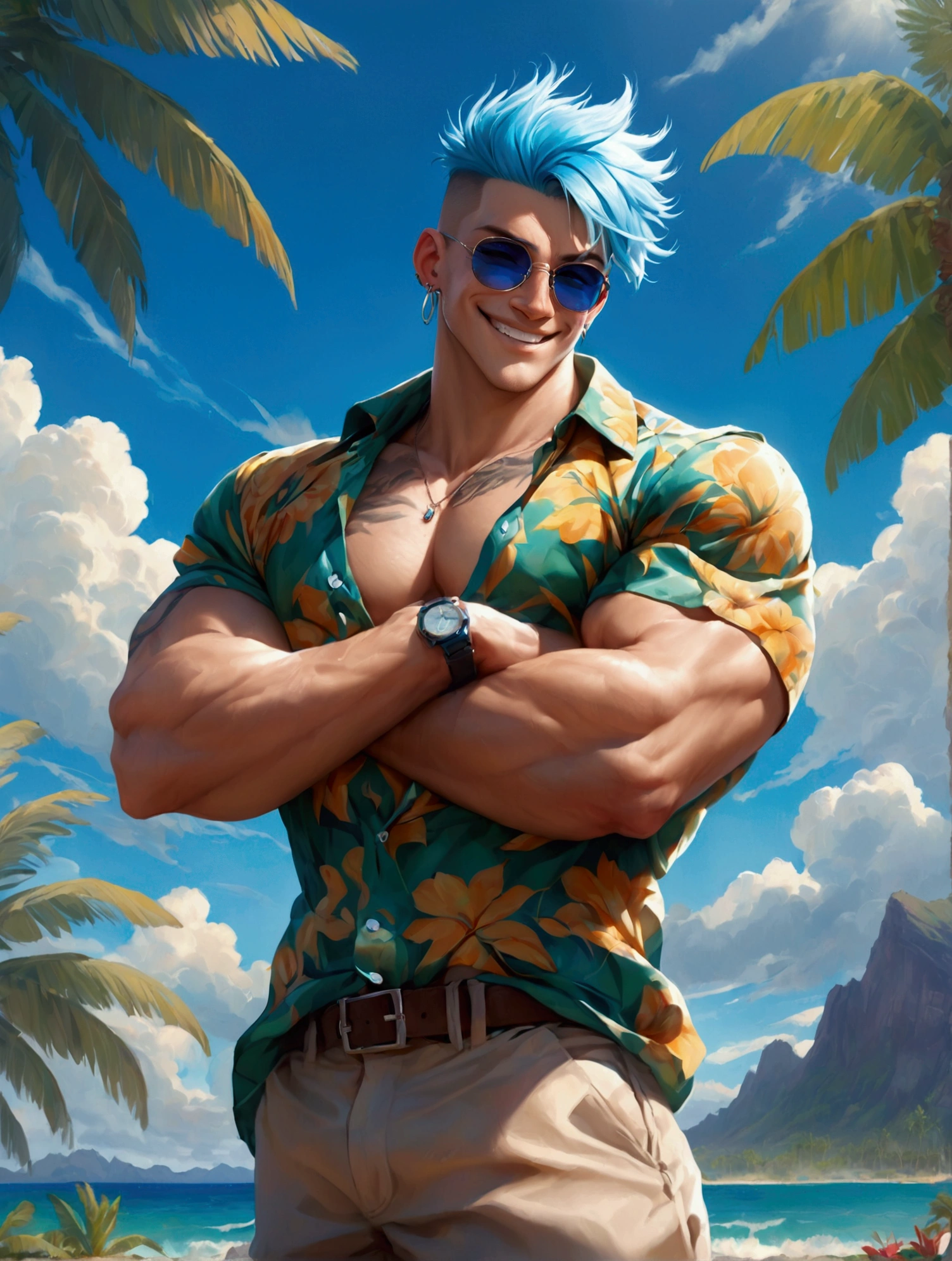 solo, looking at viewer, smile, short hair, shirt, 1boy, jewelry, blue hair, upper body, male focus, earrings, outdoors, open clothes, sky, teeth, solo focus, day, collared shirt, cloud, grin, tree, blue sky, open shirt, tattoo, muscular, facial hair, scar, crossed arms, abs, sunglasses, pectorals, muscular male, bara, large pectorals, watch, mature male, palm tree, stitches, hawaiian shirt