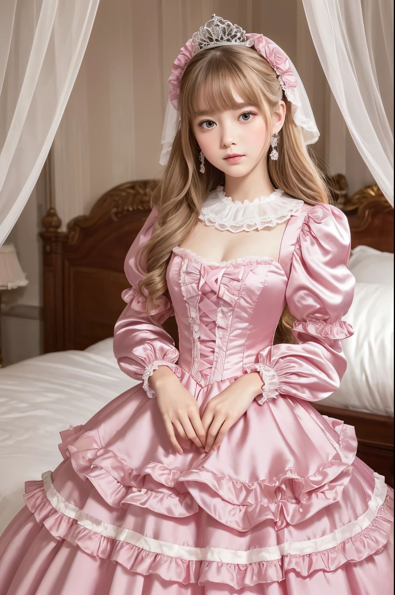 highest quality, masterpiece, highest resolution, artwork, super それにget used to it, many get used to it, get used to it, それにget used to it, 3k realistic pictures,,((10 year old little girls)),Ultra-detailed juvenile face,ultra-detailed beautiful little girls,girls are princess,full length ball gown dress with hoop skirt,ruffled yoke collar,puff sleeves,long sleeve,((Lolita style hot pink detailed princess satin dress with lots of ruffles and ribbons)),Rococo style lolita fashion,shiny satin dress,Soft and smooth fabric,detailed princess dress,luxury,long blonde hair,blue eyes,white skin european,Pajama,((in the bedroom of the palace)),luxury princess canopy king size pink bed,shiny satin sheets,ultra-detailed princess bed,High-quality background,lot of frilled pillows,on the bed,