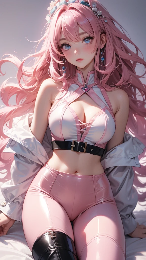 adult woman, big hair, curly hair, pink hair; break; blue eyes, rosto angelical, gorgeous face, blushed face; rosto ultra detaild; break ; pink and white loose blouse, black leggings, (wearing high leather boots in 'brown' color), choker ; break ; (best qualityer), ((ultra detaild)), (best resolution), (( 4K )), soft strokes, role model, work of art, closes ; break ; (cozy room in the back, nice smile