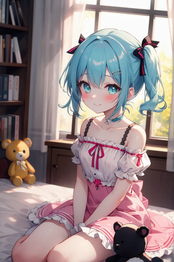 (masterpiece, best quality), hyperdetailed, clean lines, one girl,, blush, twin tail, thin hair clip, cyan colorshift eyes, expressive eyes, collarbone, smile, morning, sunshine, (full shot), Lolita fashion in my room。A girl wearing a pink frilly dress with lots of lace and ribbons。It features puff sleeves and a knee-length skirt.、The head dress also has a ribbon attached.。In the background there is a bookshelf and a dressing table.、A soft light shines through the window。There is a bed in one corner of the room.、On top of it is a stuffed toy。