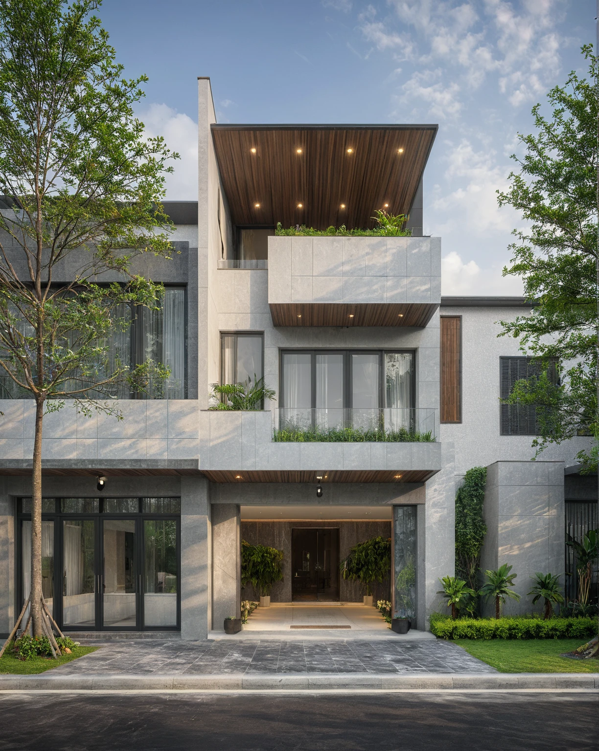 modern villa on street, (overcast lighting:1.2), tropical tree, vivid color, streetcapes, nice sky, grey and wwhite tone, (large glass door:1.2), warm interior lighting, modern material, best quality, ultra realistic, masterpiece, 17ArchiAI_XL_VL-v1
