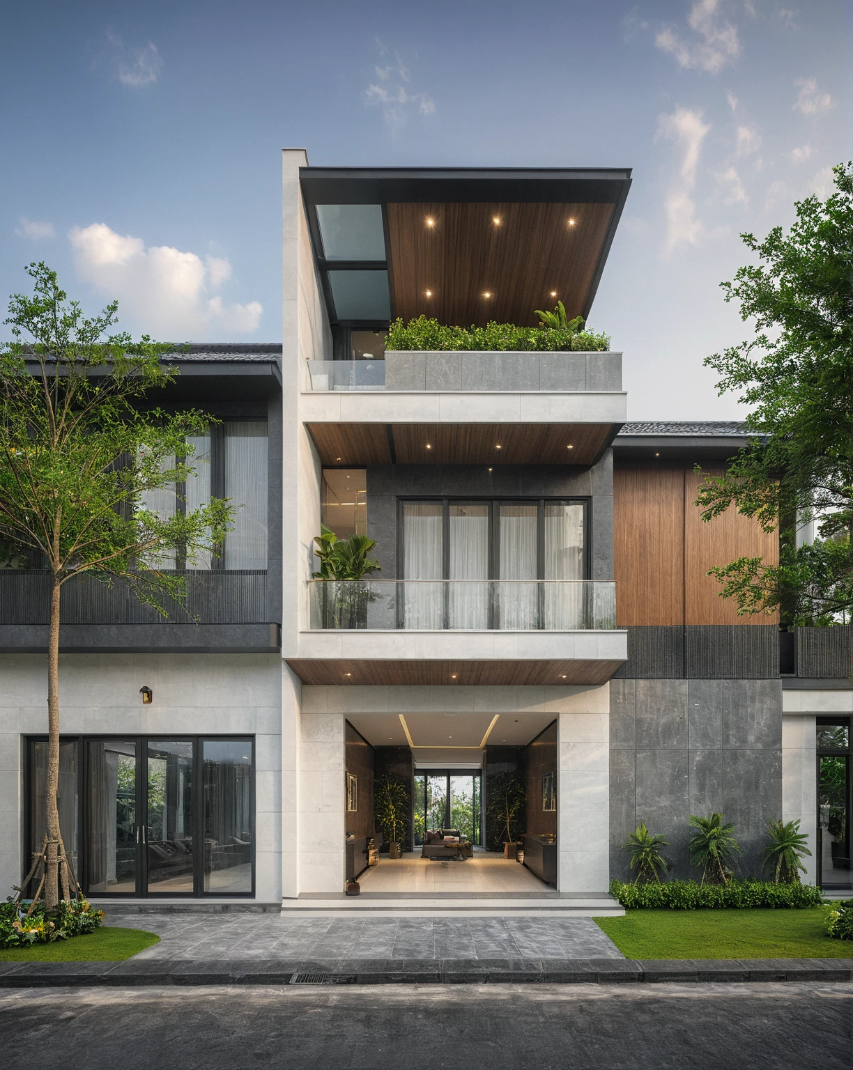 modern villa on street, (overcast lighting:1.2), tropical tree, vivid color, streetcapes, nice sky, grey and wwhite tone, (large glass door:1.2), warm interior lighting, modern material, best quality, ultra realistic, masterpiece, 17ArchiAI_XL_VL-v1