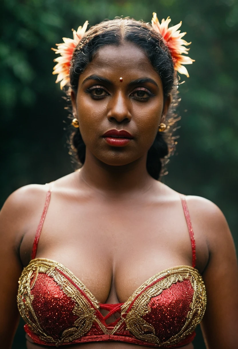 (((photo of a ancient kerala nude alien ))), (((black kali))) , (((Half Body))), (((very dark skin))), (((45 years old))), (((((very dark nipple and areola))))) (((plus size chubby tall))), (((huge busty milky wet big massive boobs))), (((nude thick thigh))), (((ancient black mini skirt))), ((black skin dark body)), (((red ornaments))), (((depth of field))), ((( flame bokeh))), (((rain))), ((( flashing light leaks))), (((divine))), photorealistic,photo, realism, Getty Images, RAW candid cinema, 16mm, colour graded portra 400 film, remarkable colour, ultra realistic, textured skin, remarkable detailed pupils, realistic dull skin noise, visible skin detail, skin fuzz, dry skin, shot with cinematic,light leaks, RAW Image, DOF, depth of field,bokeh