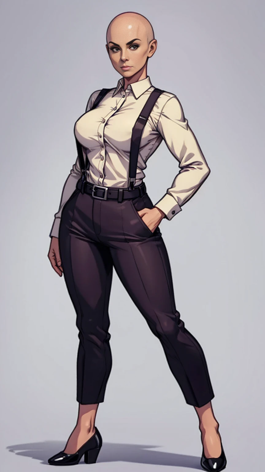 digital art, highly detailed, reference sheet, standing pose, feminine features, mature woman, adult female, fit figure, whole body, bald, form-fitting, office shirt, suspenders, belt, baggy pants, heeled shoes, 1woman, solo, upper body, lower body, ((Extremely Detailed)), ((Best Quality)), ((Masterpiece)), ((4k)).
