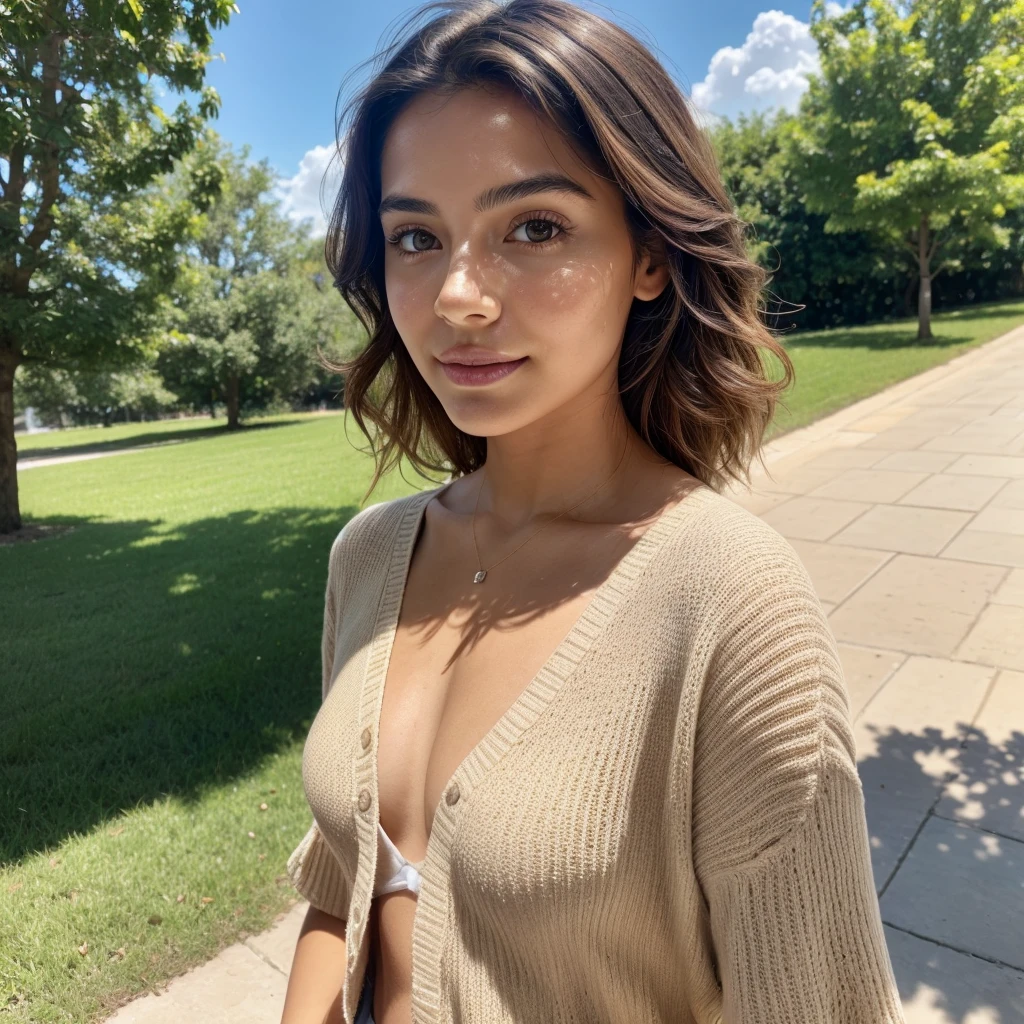 (front facing camera),(Texture de la peau, pores, naturel,iPhone,brut)), bright and sunny lighting, Full body photo'a woman with her hair styled to the side and wearing a ((tight)) , nikon z9, Realistic matte skin,blurred landscape with green trees and grassy hills in the background,