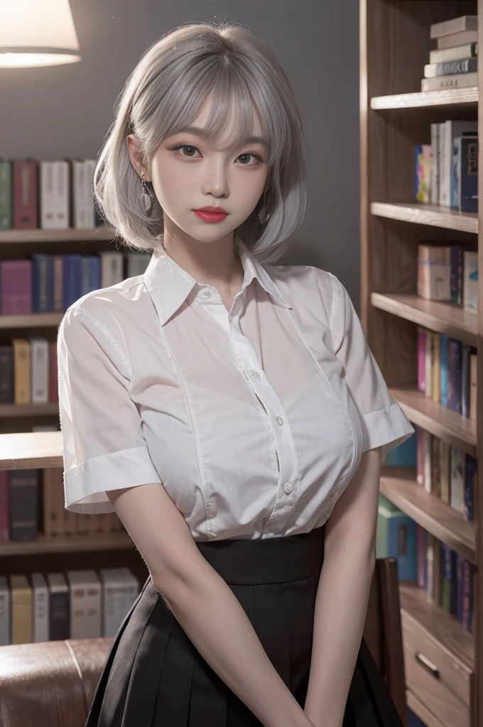 Best image quality, RAW photo, super high resolution, taken from the side, gentle smile, 16 years old Korean, very big breasts, tie, ribbon, , collared shirt, shirt, plaid skirt, fair skin, shiny white skin, short bob, bright silver hair, bright gray hair, neatly aligned bangs, beautiful eyes, beautiful eyes of random colors, very thin lips, beautiful eyes with details, Elongated eyes, pale pink blush, long eyelashes, beautiful double eyelids, eyeshadow, earrings, night school, dimly lit library at night, standing next to a bookshelf