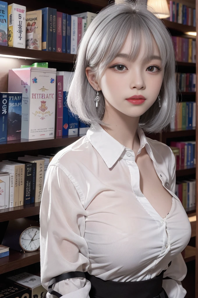 Best image quality, RAW photo, super high resolution, taken from the side, gentle smile, 16 years old Korean, very big breasts, tie, ribbon, , collared shirt, shirt, plaid skirt, fair skin, shiny white skin, short bob, bright silver hair, bright gray hair, neatly aligned bangs, beautiful eyes, beautiful eyes of random colors, very thin lips, beautiful eyes with details, Elongated eyes, pale pink blush, long eyelashes, beautiful double eyelids, eyeshadow, earrings, night school, dimly lit library at night, standing next to a bookshelf
