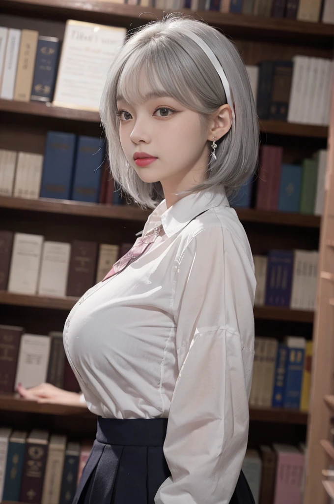 Best image quality, RAW photo, super high resolution, taken from the side, gentle smile, 16 years old Korean, very big breasts, tie, ribbon, , collared shirt, shirt, plaid skirt, fair skin, shiny white skin, short bob, bright silver hair, bright gray hair, neatly aligned bangs, beautiful eyes, beautiful eyes of random colors, very thin lips, beautiful eyes with details, Elongated eyes, pale pink blush, long eyelashes, beautiful double eyelids, eyeshadow, earrings, night school, dimly lit library at night, standing next to a bookshelf