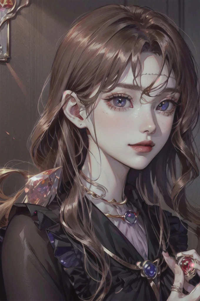 I'd like a headshot portrait of a Noble girl, around 21 years old, with ((rose gold wavy hair: 1.2)), ((Padparadscha sapphire doe eyes: 1.6)), and ((porcelain skin: 1.0)). , cute and delicate appearance with an elegance on it. The portrait should be in a semi-realistic style, resembling an oil painting. She should have a gentle smile and posting and looking full frontal. The portrait should be framed in an ornate, gold-colored wooden frame with intricate carvings. The frame is rectangular. It should be in a manhwa historical romance fashion.