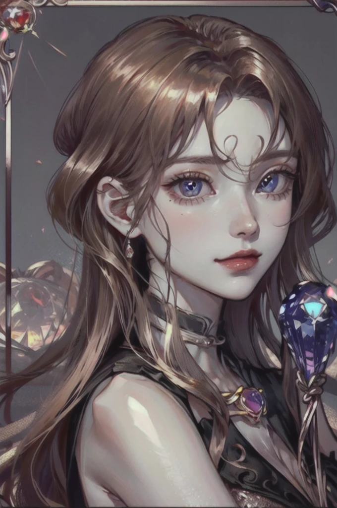 I'd like a headshot portrait of a Noble girl, around 21 years old, with ((rose gold wavy hair: 1.2)), ((Padparadscha sapphire doe eyes: 1.6)), and ((porcelain skin: 1.0)). , cute and delicate appearance with an elegance on it. The portrait should be in a semi-realistic style, resembling an oil painting. She should have a gentle smile and posting and looking full frontal. The portrait should be framed in an ornate, gold-colored wooden frame with intricate carvings. The frame is rectangular. It should be in a manhwa historical romance fashion.