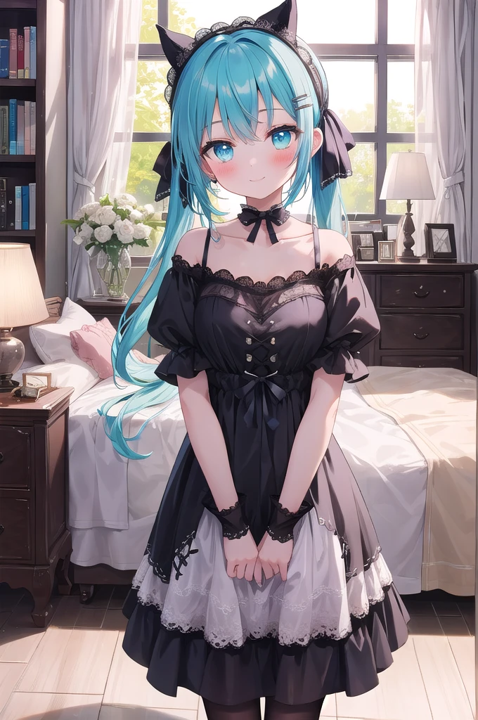 (masterpiece, best quality), hyperdetailed, clean lines, one girl,15 years old, blush, twin tail, thin hair clip, cyan colorshift eyes, expressive eyes, collarbone, smile, morning, sunshine, (full shot), Lolita fashion in my room。A girl wearing a pink frilly dress with lots of lace and ribbons。It features puff sleeves and a knee-length skirt.、The head dress also has a ribbon attached.。In the background there is a bookshelf and a dressing table.、A soft light shines through the window。There is a bed in one corner of the room.、On top of it is a stuffed toy。
