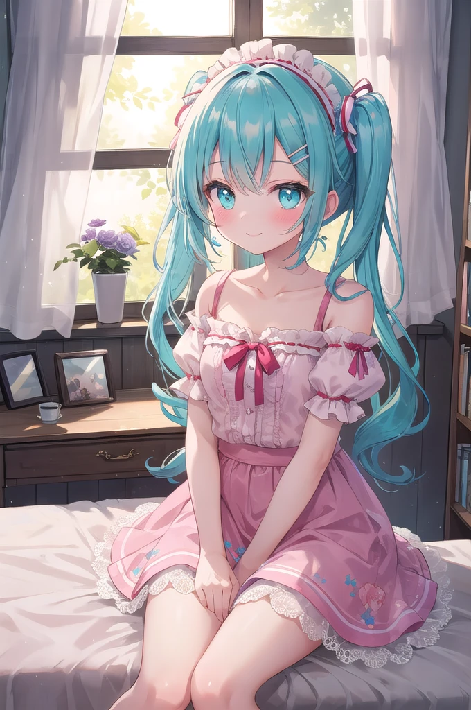 (masterpiece, best quality), hyperdetailed, clean lines, one girl,15 years old, blush, twin tail, thin hair clip, cyan colorshift eyes, expressive eyes, collarbone, smile, morning, sunshine, (full shot), Lolita fashion in my room。A girl wearing a pink frilly dress with lots of lace and ribbons。It features puff sleeves and a knee-length skirt.、The head dress also has a ribbon attached.。In the background there is a bookshelf and a dressing table.、A soft light shines through the window。There is a bed in one corner of the room.、On top of it is a stuffed toy。