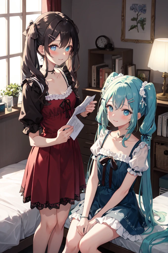 (masterpiece, best quality), hyperdetailed, clean lines, one girl,, blush, twin tail, thin hair clip, cyan colorshift eyes, expressive eyes, collarbone, smile, morning, sunshine, (full shot), Lolita fashion in my room。A girl wearing a pink frilly dress with lots of lace and ribbons。It features puff sleeves and a knee-length skirt.、The head dress also has a ribbon attached.。In the background there is a bookshelf and a dressing table.、A soft light shines through the window。There is a bed in one corner of the room.、On top of it is a stuffed toy。