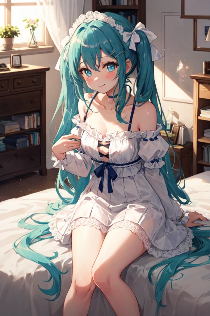 (masterpiece, best quality), hyperdetailed, clean lines, one girl,15 years old, blush, twin tail, thin hair clip, cyan colorshift eyes, expressive eyes, collarbone, smile, morning, sunshine, (full shot), Lolita fashion in my room。A girl wearing a pink frilly dress with lots of lace and ribbons。It features puff sleeves and a knee-length skirt.、The head dress also has a ribbon attached.。In the background there is a bookshelf and a dressing table.、A soft light shines through the window。There is a bed in one corner of the room.、On top of it is a stuffed toy。