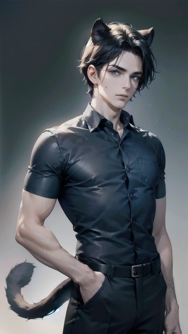 Masterpiece, Superior picture quality, high resolution, 4K images, man ,Hair set with a middle part, black hair. ,white skin, Dark blue eyes, Very detailed eyesight, height, Any color shirt with the sleeves rolled up., black pants ,It has the ears and tail of a panther. ,There is a mole under the mouth on the left side., Standing, pickpocket
