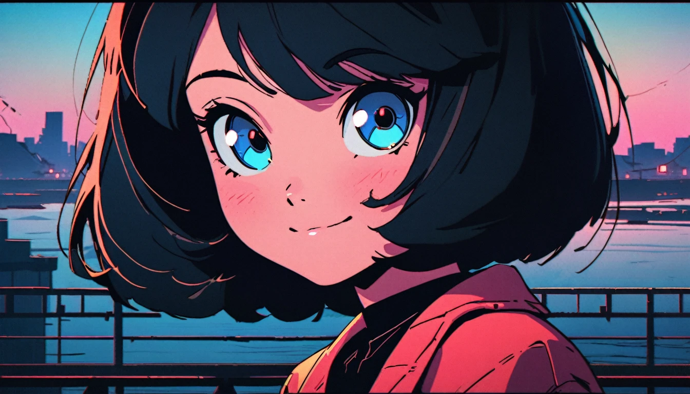 scene of a Beautiful 1girl, solo, gentle smile on her face flat chest, short hair, black hair, blue eyes, (detailed eyes), standing on a bridge at night, Lofi art, Ilya Kuvshinov landscape, lofi feel, lofi aesthetics, lo-fi art, 9 0 s anime aesthetic, lofi, lofi hip hop, lofi portrait, Ilya Kuvshinov. 4 k''