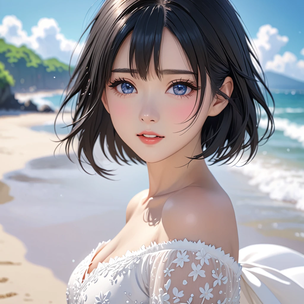 National Science Foundation,masterpiece,High resolution,8k,Art,digit,Three-dimensional,Realism,Kyoto Animation Style,your name movie style,looking into camera,On the scenic beach,(1 girl: 1.3),(alone: 1.4),Gorgeous white off-the-shoulder wedding dress,Black hair,Long eyelashes,Slender legs,Short Bob,Close-up of upper body,Close-up,(Close up),Eyes as deep as the starry sky,shy,blush,open mouth