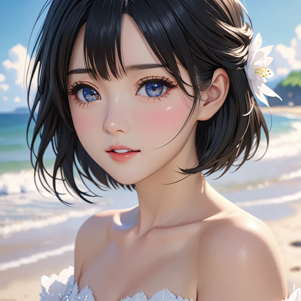 National Science Foundation,masterpiece,High resolution,8k,Art,digit,Three-dimensional,Realism,Kyoto Animation Style,your name movie style,looking into camera,On the scenic beach,(1 girl: 1.3),(alone: 1.4),Gorgeous white off-the-shoulder wedding dress,Black hair,Long eyelashes,Slender legs,Short Bob,Close-up of upper body,Close-up,(Close up),Eyes as deep as the starry sky,shy,blush,open mouth