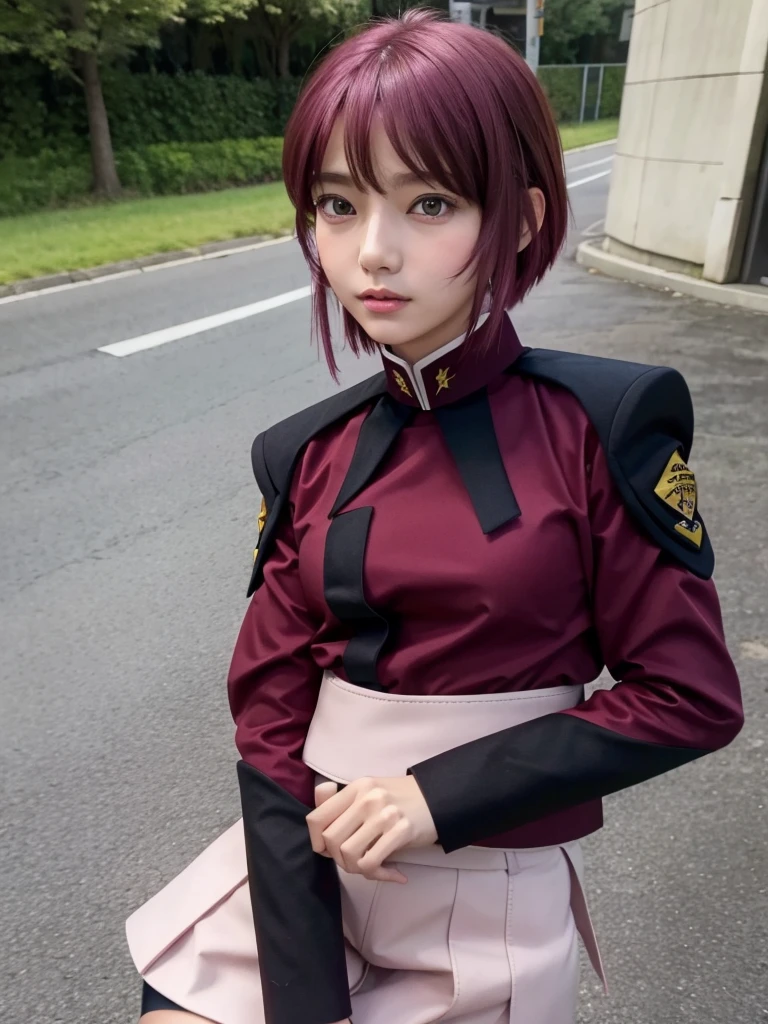 (Highest quality, 16K, masterpiece:1.55), Ultra detailed face, Detailed lips, Detailed eyes, double eyelid,
BREAK smile, upper body, (Seductive pose:1.6), (high angle shot, dutch angle, dynamic angle),
BREAK 1girl, solo, 18 years old, Svelte Body, middle breasts, big hips:1.2),
BREAK BREAK pink skirt, military uniform, short hair, ahoge, black thighhighs, red hair, purple eyes, purple hair, long sleeves,
BREAK outdoor, road,, shrinebackground,