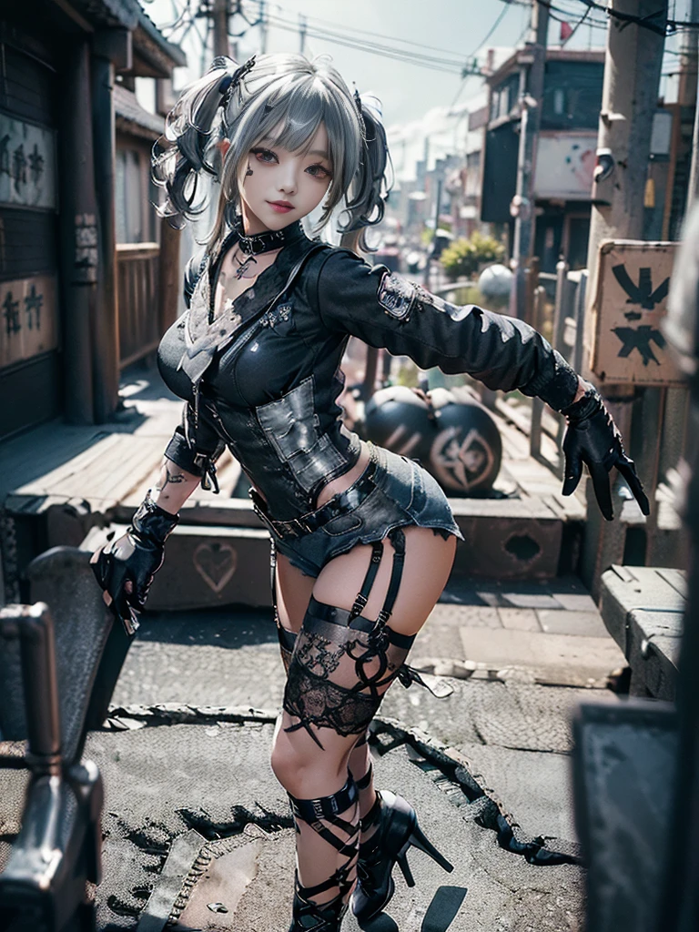 (Full body image:1.3)、(Side view:1.1)、(Wear laces:1.4)、(Accentuate your butt:1.3)、(Smiling with teeth showing:1.3),(Shibuya Gal:1.5)、(Neo-Goth Fashion:1.5)、(Punk rock visual kei:1.4)、(繊細なdenimデザインのハイレグボディスーツ, Silver and Black:1.5)、(denim, Black gloves and sailor shirt:1.5)、(denim high heels:1.3)、(Wearing silver accessories:1.5)、(denim collar:1.4)、(black leather garter belt:1.4)、(Brown Skin Belt:1.3)、(Black lace underwear:1.5)、20-year-old、Browsing Caution、((Highest quality、In 8K、masterpiece:1.3))、Sharp focus:1.2、(Layered Cut、Huge boobs:1.1),Beautiful woman with perfect figure:1.4、(Dance vigorously:1.3)、Slim Abs:1.2、Highly detailed face and skin texture、Fine grain、double eyelid,(Twin tails:1.3)、(Cream colored hair:1.3)、Idol Sculpture、(Caribbean cityscape in the background:1.3)、(The body is slim:1.3),(Slimming your legs:1.4),(clavicle:1.1)