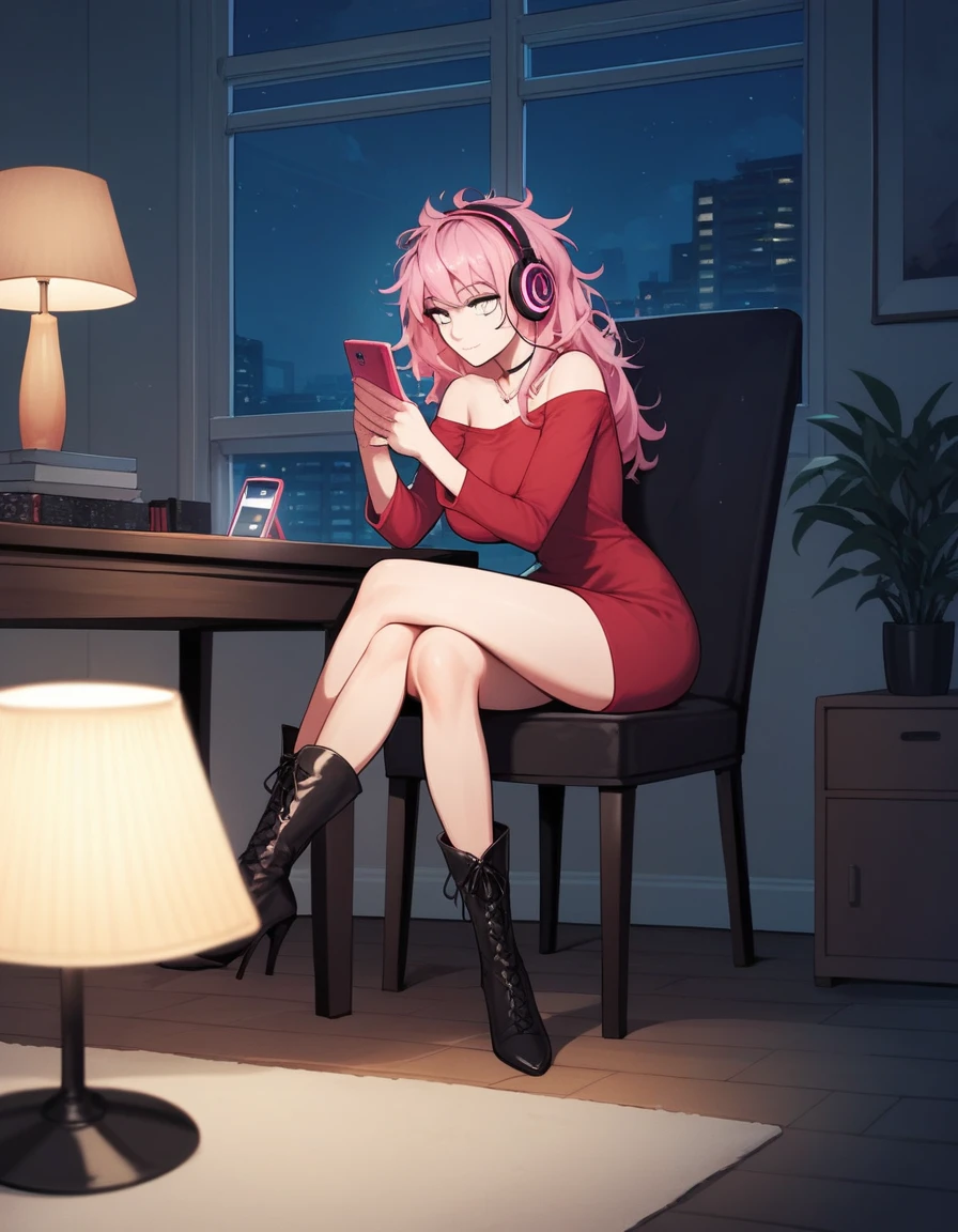 score_9, score_8_up, score_7_up, score_6_up, score_5_up, score_4_up, source_anime, 1woman, sit, chair, table, pink hair, headphones, smartphone, listening music, watching smartphone, long hair, white eyes, messy hair, red dress, crossed legs, black knee-high boots, heels, living room, night, lamps, best quality, best res, 4K UHD,
 