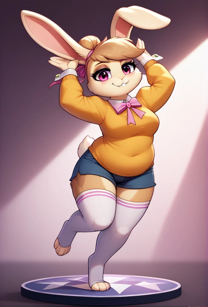 top quality, best quality, highres, masterpiece, absurdres, Perfect Anatomy(furry, angelic cute 1girl)(furry anthro, rabbit Facial Features, rabbit Body Features)(rabbit ears, Highly Detailed Body Fur)audition floor, dancing, flowing colorful ribbon, jumping, joyful smile, absurdres, volumetric lighting, good lighting, cinematic shadow,score_9, score_8_up, rbrite, rabbit, solo, full body, digital art, highly detailed, (score_9, score_8_up), score_7_up, score_6_up, score_5_up, score_4_up, Hazel Typh, 1bunny, best quality, furry, bunny ears, gold piercing, animal nose, pink eyes, hair bun, long tail, expressionless, closed mouth, fangs, puffy sleeves, pink background, looking at viewer, beautiful and detailed, girl (((female))) ((anthro)) bunny, (Averi, bunny girl), by waspsalad, by phluks, by zero-sum, bunny, (anthro, fluffy fur, character focus:1.1), anthro bunny, body fur, nice, cute, digital drawing, (half-closed eyes), big eyes, sweater, short shorts, thigh highs, stockings, (hi res), ((masterpiece)), ((best quality)), bunny, female bunny, clean sketch, anthropomorphic bunny, fursona, sharp teeth, big ears, smooth hair, smooth fur, long eyelashes, makeup, thin, chubby face