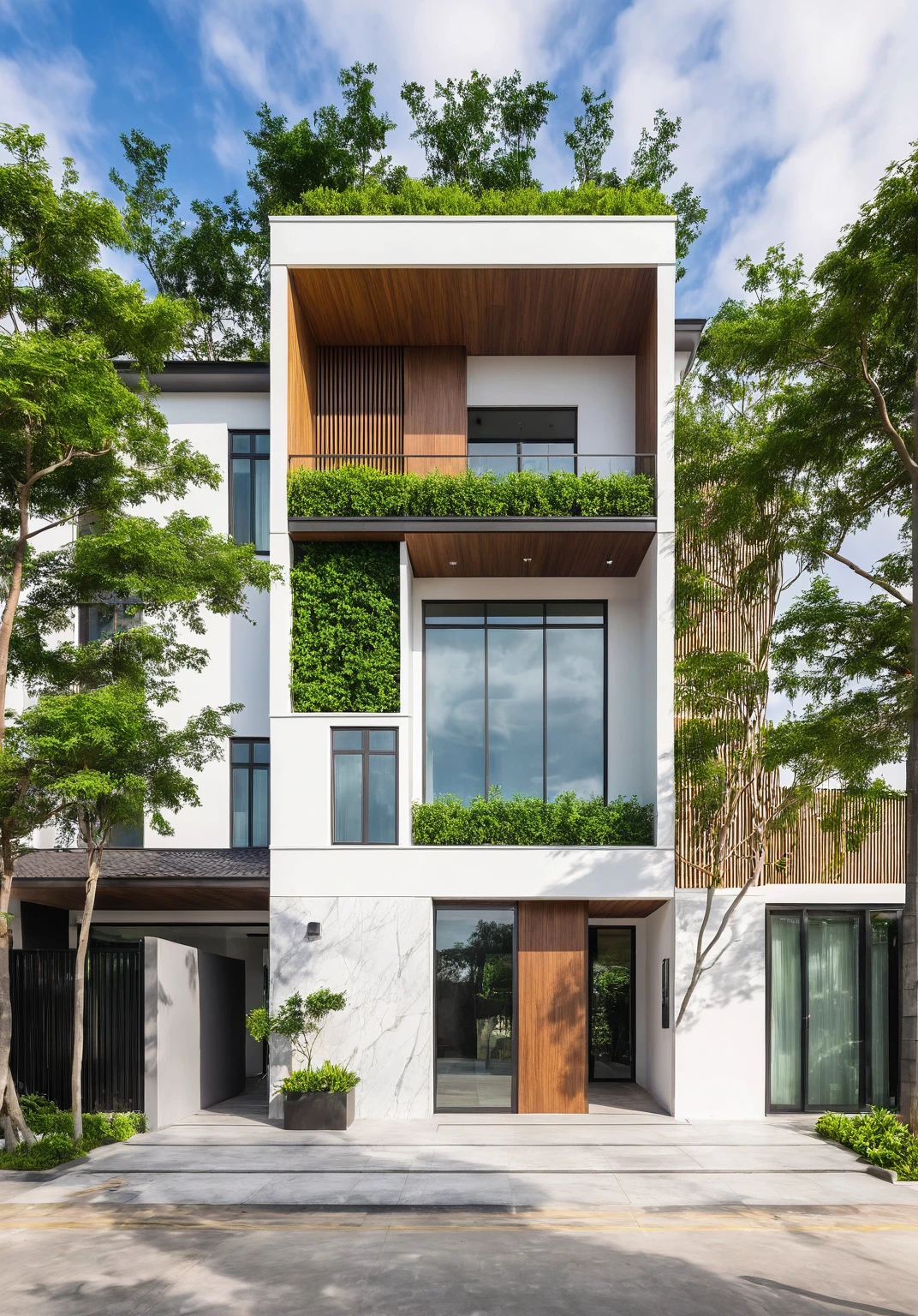 masterpiece, best quality, exterior design, (sunset), one-story modern house in Vietnamese village, marble, steel, modern light-colored granite facade and white walls, wooden ceiling , large glass, modern minimalist style, green shrubs and tropical plants background, large doors and windows.