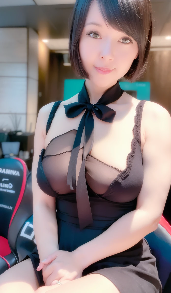 (8k, RAW photo, best quality, masterpiece:1.2), (realistic, photo-realistic:1.37), ultra-detailed,
1 girl,cute, solo,beautiful detailed sky,detailed cafe,night,sitting,dating,(nose blush),(smile:1.1),(closed mouth),large breasts, seductive smile, large aparture, professional lighting, Sony A7R4, Zessie 50mm F1.8,
medium breasts,beautiful detailed eyes,(collared shirt:1.1), bowtie,pleated skirt,(short hair:1.2),floating hair 