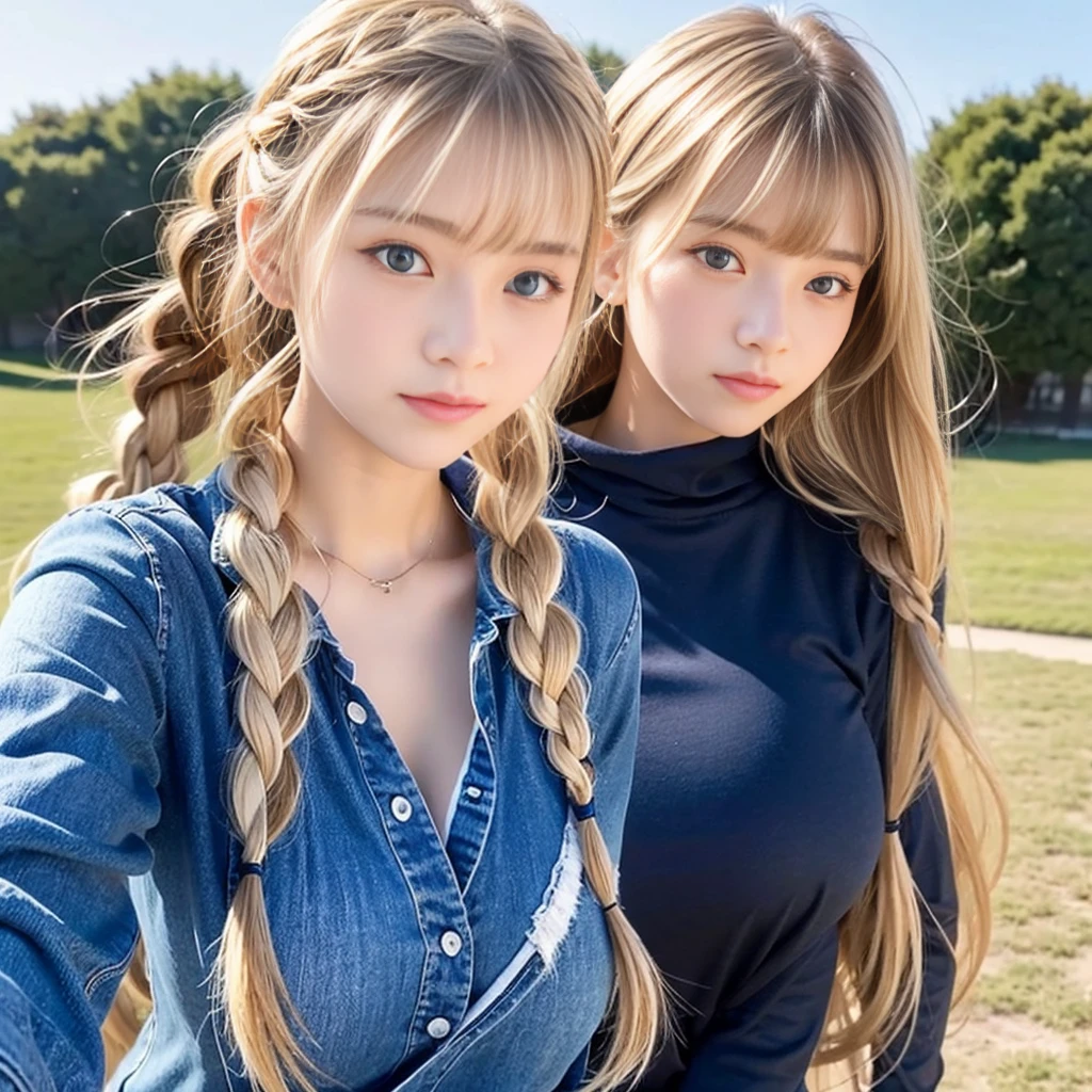 Sexy Big 、Sexy cute looks and cute 15 year old beautiful girl, beautiful and sexy face、A strong wind blows my hair in front of my face、beautiful long blonde French braided hair、beautiful, Cute and sexy eyes hidden behind long bangs、Flat Chest、Afterschool、Realistic、Actual Photos、Selphy
