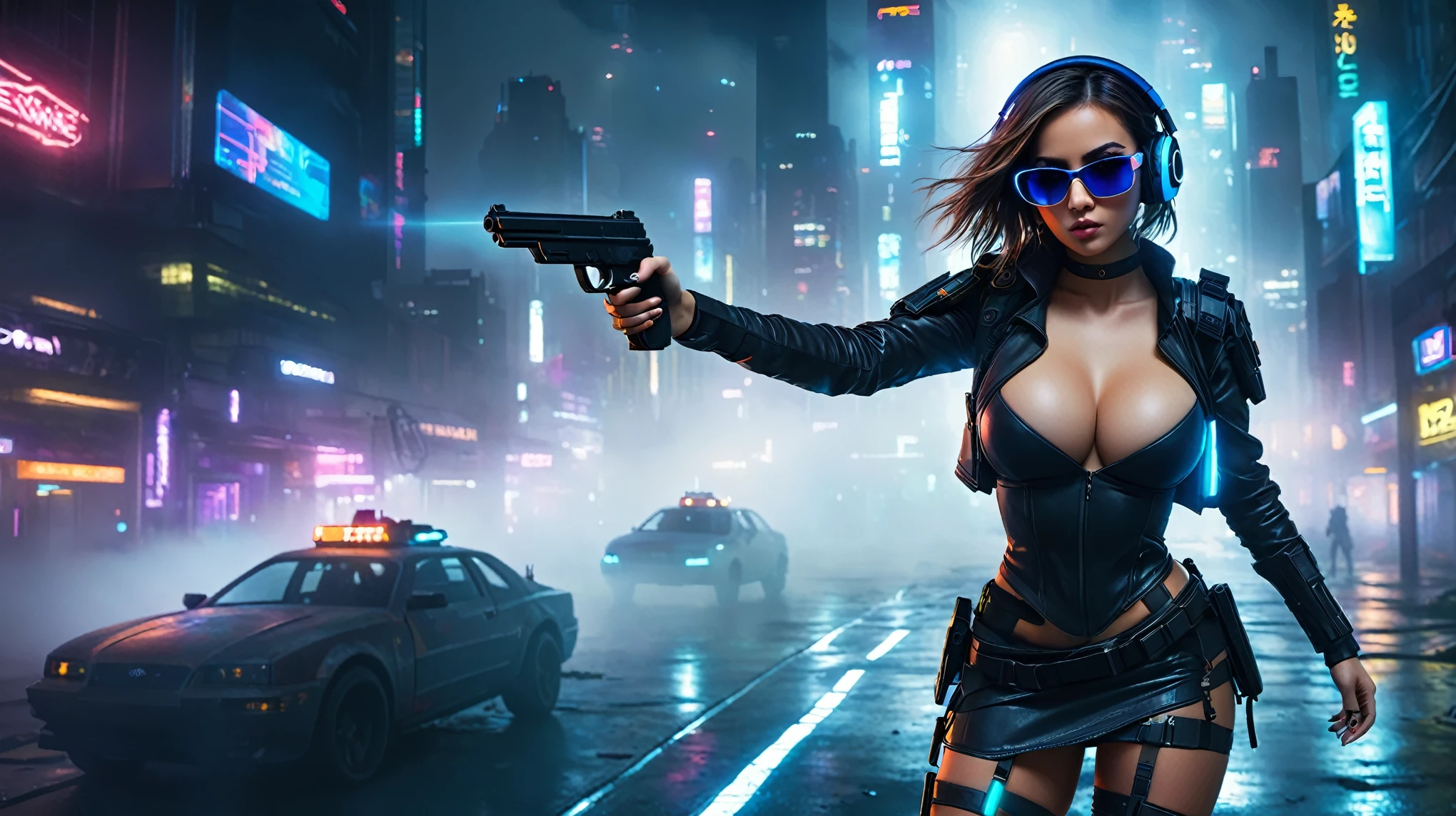 dark futuristic landscape, at night, neon lights, Atmospheric fog, large buildings in the background, futuristic city, streets with open shops, skyscraper (postapocalyptic city:1.3). (((1girl, solo, alone))), large-:1.2 slim body, cleavasexy miniskirt((headphone, black sunglasses, standing and holding pistol pose))), (((half-body thigh level medium shot))), cinematic lighting, lens flare, ray tracing.