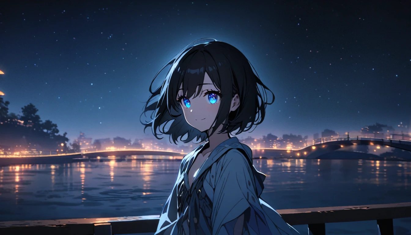 scene of a Beautiful 1girl, solo, gentle smile on her face flat chest, short hair, black hair, blue eyes, (detailed eyes), standing on a bridge at night'