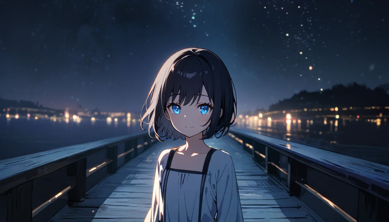 scene of a Beautiful 1girl, solo, gentle smile on her face flat chest, short hair, black hair, blue eyes, (detailed eyes), standing on a bridge at night'