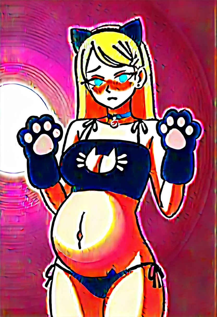 blonde,Long Hair,Hair Clip、Big Breasts、blush、The whole body is visible、Pregnant women、Handjob、Black cat ears、slim:1.5、Black Cat Lingerie, choker, Neck bell、黒いcat paw gloves、Half-closed eyes、