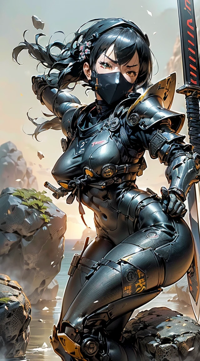 (masutepiece,Extremely detailed, Heavy mechs, hard surface),(concept art:1.1),(Armored Core Style:0.8), A woman wearing ninja robo armor is tying a seal,(full armor:1.4),(tactical ninja mask:1.5),(yellow body:1.1),(long legged:1.1),(Equipped with a sword on his back:1.3),(A detailed eye:1.3),(A detailed face:1.3),(Detailed weapons:1.3),(Detailed body:1.3),((full bodyesbian:1.5)),(In the background, rocks are floating in the air.:1.5),lifelike