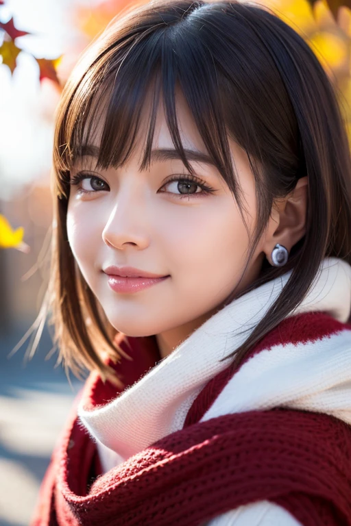 (RAW Photos), Thick white sweater、Red scarf on neck、Long eyelashes、Round eyes、Cheek on ear、correct、make、smile、Put your mouth in、(Wink)、Soft lips、誘惑的なsmile、Sparkle、Light red、Cheek on nose、(Autumn leaves)、Watery eyes、Blonde Hair、Gray Hair、Messy Hair、Hair behind the ear、Floating Hair、short hair、Boyish hair、Blunt bangs、Surrealism、Drop Shadow、Anaglyph、Stereogram、ass pov、Atmospheric Perspective、Hyperrealism、Contemporary Art、shine、reflected light、Nikon、Ultra Wide Angle、16K、Super detailed、最high quality、uhd、Anatomically correct、Awards、最high quality、Ultra high detail、high quality、High resolution、Textured skin、correct、masterpiece
