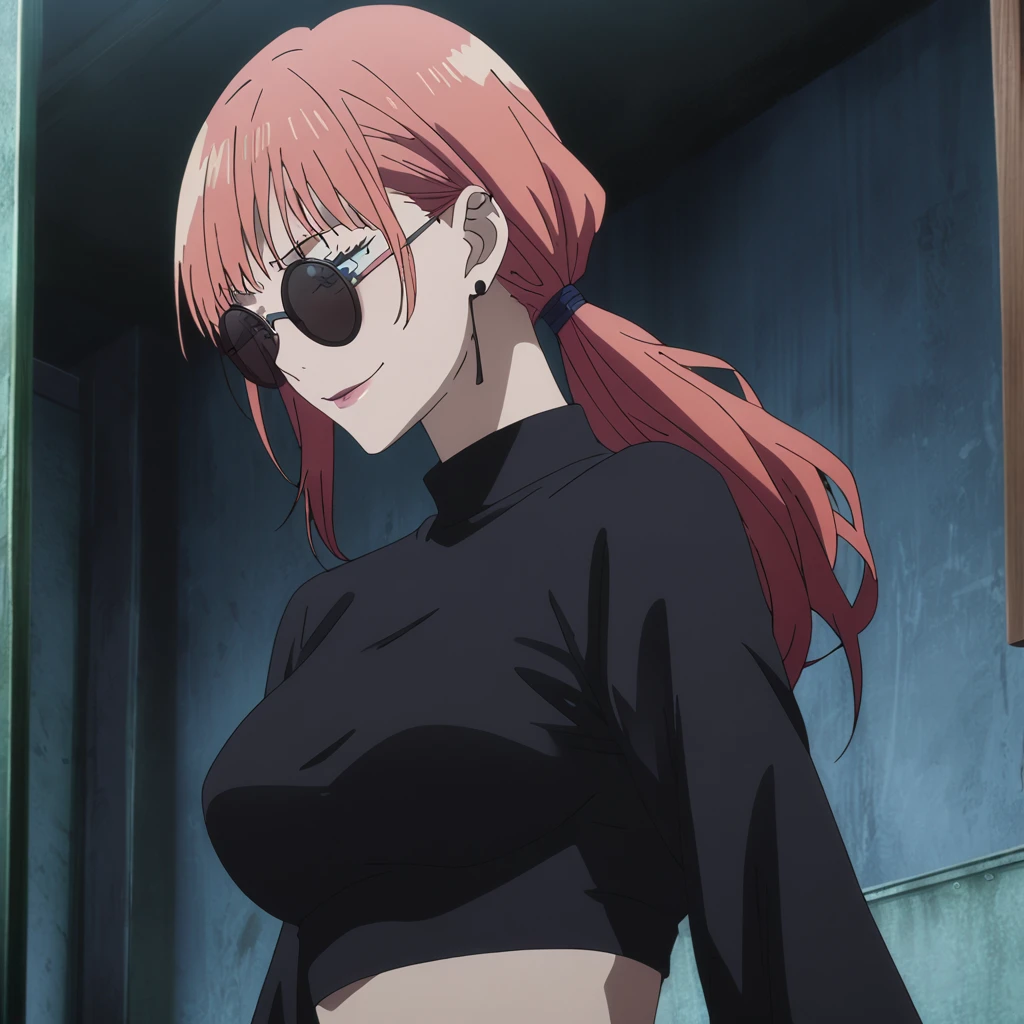 1girl, female gojo satoru, anime screencap from jujutsu kaisen, gojo satoru female version, solo, long_hair, ((wearing round sunglasses)) ((Red_hair, low ponytail)), night view, (hanging breasts) upper_body, smile, indoors, book, lips, (long hair) ((wearing black colour crop top with full sleeves and black colour pant)) breast, "very detailed and high resolution" ((solo)) (((front view))) (earings) ((high resolution)) ((good quality)) ((silky hair))